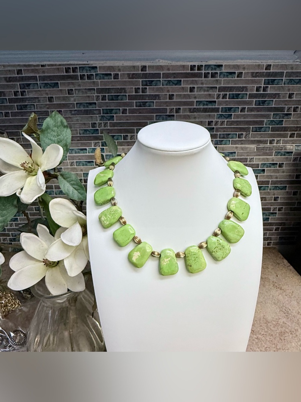 Handcrafted chunky green howlite natural stone necklace